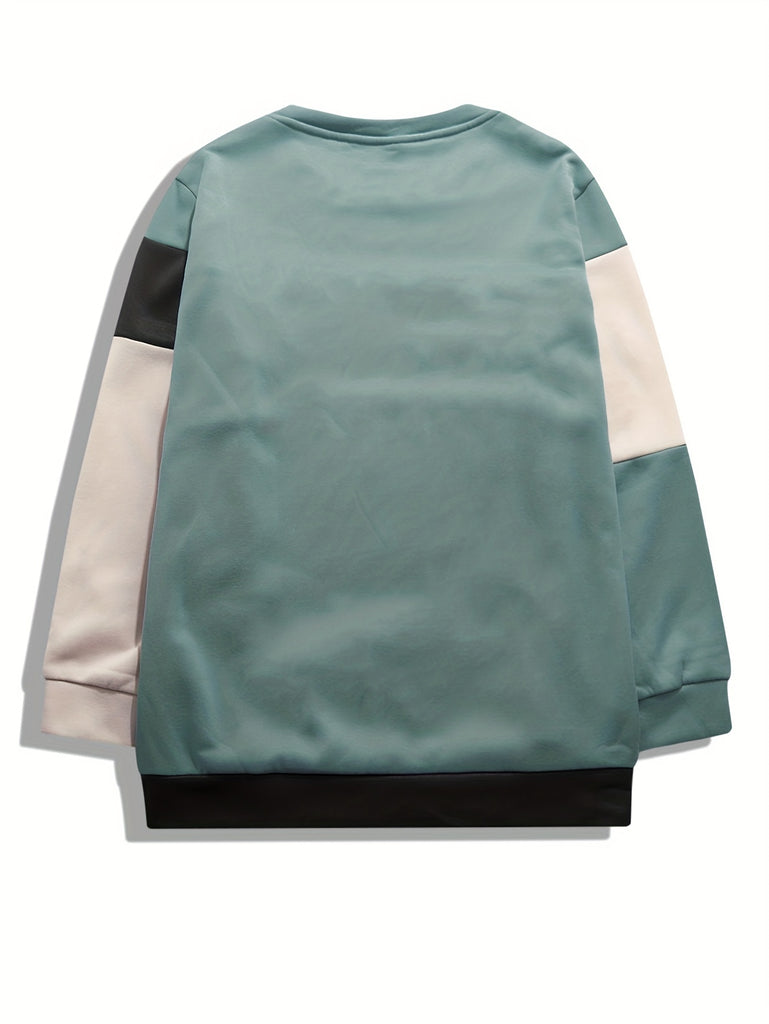 kkboxly  Colorblock Sweatshirt, Men's Casual Solid Color Slightly Stretch Crew Neck Pullover Sweatshirt For Spring Fall
