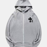 kkboxly  Cross Print Men's Full-Zip Hooded Sweatshirt Casual Long Sleeve Hoodies With Pocket Gym Sports Hooded Jacket For Spring Fall, As Gift
