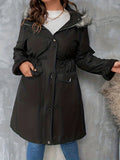 kkboxly  Plus Size Casual Winter Coat, Women's Plus Solid Long Sleeve Drawstring Fuzzy Trim Hooded Zip Up Snap Buttons Tunic Parka Coat With Pockets