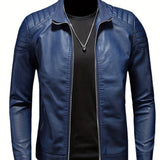 kkboxly  PU Biker Jacket, Men's Casual Solid Color Zip Up Stand Collar Faux Leather Jacket For Spring Fall