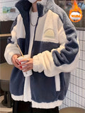 kkboxly  Warm Plush Fleece Jacket, Men's Casual Color Block Stand Collar Jacket Coat For Fall Winter