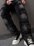 kkboxly  Men's Casual Raw Trim Jeans, Street Style Distressed Denim Pants