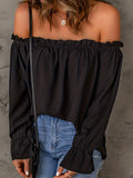 kkboxlyOff Shoulder Ruffle Trim Blouse, Casual Solid Long Sleeve Blouse For Spring & Fall, Women's Clothing