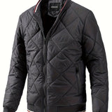 kkboxly  Men's Argyle Pattern Puffer Coat With Zipper Pocket, Casual Stand Collar Zip Up Slim Fit Warm Jacket For Outdoor Winter