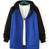 Plus Size Men's Full Zip Hoodies, Color Block Long Sleeve Drawstring Jacket Best Sellers