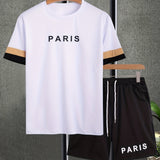 kkboxly  Men's 2 Piece Casual Striped Trimmed PARIS T Shirt And Track Shorts Set Holiday Lounge Beach Sports Suit