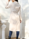 Solid Lapel Mid Length Overcoat, Casual Open Front Long Sleeve Outerwear With Pockets, Women's Clothing