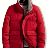 kkboxly  Fashionable Men's Stand Collar Zipper Snap Button Solid Fleece Winter Jacket,Suitable For Winter,Street Outdoor,Comfortable,Warm And Versatile