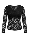 kkboxly Solid Lace Blouse, Elegant V Neck Long Sleeve Slim Blouse, Women's Clothing