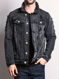 kkboxly  Men's Casual Ripped Denim Jacket, Street Style Button Up Flap Pocket Jacket