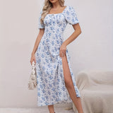 kkboxly  Floral Print Split Backless Dress, Boho Square Neck Short Sleeve Dress, Women's Clothing