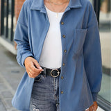kkboxly  Plus Size Casual Coat, Women's Plus Solid Corduroy Button Up Long Sleeve Lapel Collar Overcoat With Pockets