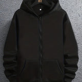 kkboxly  Regular Solid Color Men's Hooded Sweatshirt Casual Long Sleeve Hoodies With Full Zip Up, Men's Casual Zipper Hooded Jacket