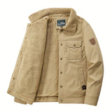 kkboxly  Warm Fleece Windbreaker Jacket, Men's Casual Lapel Multi Pocket Cargo Jacket Coat For Fall Winter Outdoor Activities