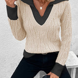 kkboxly  Color Block Cable Knit Pullover Sweater, Casual V Neck Long Sleeve Sweater, Women's Clothing