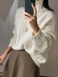 Plaid Turtle Neck Pullover Sweater, Casual Long Sleeve Thick Loose Sweater, Women's Clothing
