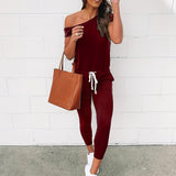 kkboxly  Solid Slanted Shoulder Jumpsuit, Casual Short Sleeve Drawstring Long Length Jumpsuit, Women's Clothing
