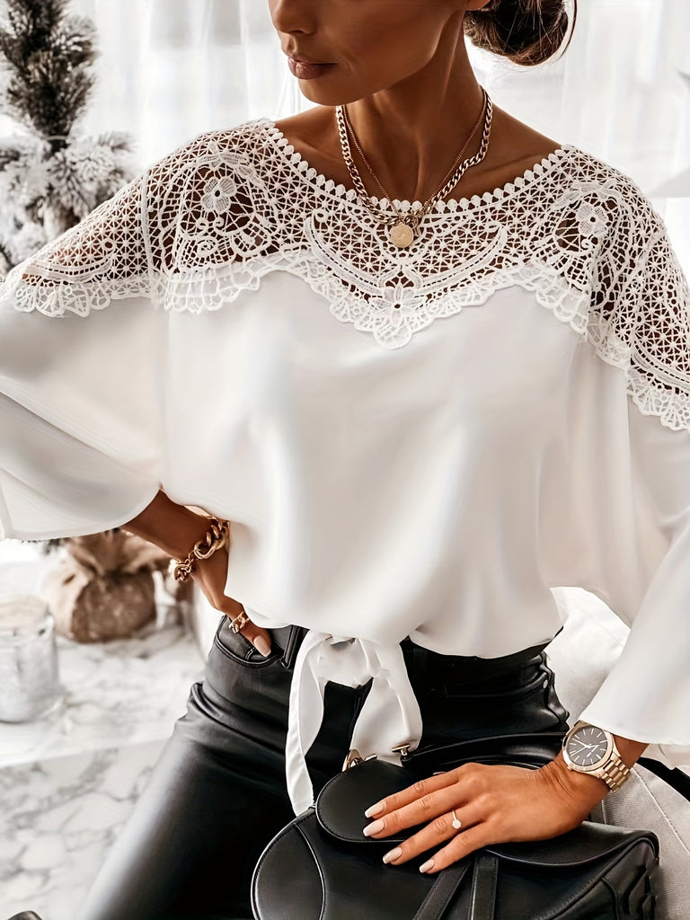 kkboxly  Lace Splicing Batwing Sleeve Blouse, Casual Solid Off Shoulder Summer Blouse, Women's Clothing
