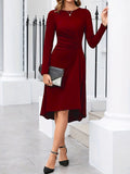 kkboxly  Ruched Solid Midi Dress, Elegant Crew Neck Long Sleeve Dress, Women's Clothing