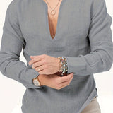 kkboxly  Men's Shirt Top V Neck Breathable Beach Shirt Long Sleeves Closure Regular Fit Solid Color Male Casual Shirt For Daily Vacation Resorts