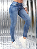 kkboxly  Whiskering High Stretch Skinny Jeans, Zipper Button Closure Stylish Denim Pants, Women's Denim Jeans & Clothing
