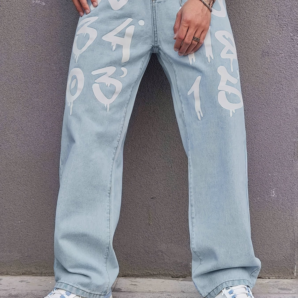 kkboxly  Number Print Wide Leg Jeans, Men's Casual Street Style Solid Color Cotton Blend Denim Pants For Spring Summer
