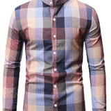 kkboxly  Men's Long Sleeve Plaid Button Down Regular Fit Stand Collar Casual Shirt