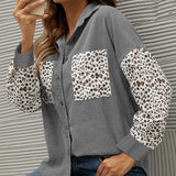 kkboxly  Corduroy Leopard Print Stitching Coat, Casual Lapel Long Sleeve Button Down Fashion Loose Outerwear, Women's Clothing