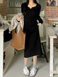 kkboxly  Solid Long Sleeve Knit Dress, Chic Notch Neck Midi Length Dress, Women's Clothing