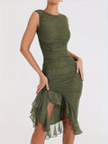 kkboxly  Backless Ruffle Hem Dress, Sexy Solid Bodycon Ruched Dress, Women's Clothing