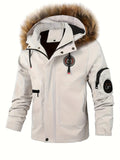 kkboxly  Plus Size Men's Badge Print Hooded Jacket Windbreaker Cargo Jacket For Fall Winter, Men's Clothing