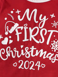 Baby's "My First Christmas " Print Casual Long Sleeve Romper & Hat, Toddler & Infant Boy's Bodysuit  For Fall & Winter Outdoors