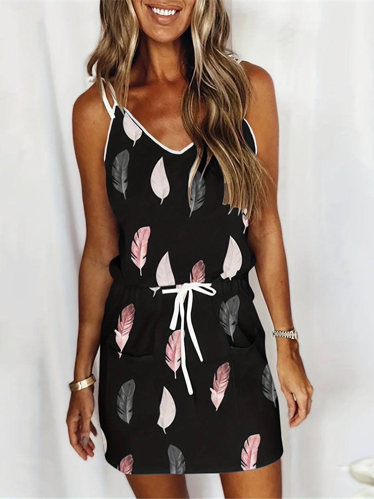 Kkboxly   Feather Print Cami Dress, Drawstring Waist Random Print Casual Dress For Summer & Spring, Women's Clothing