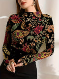 kkboxly  Floral Print Mock Neck Top, Boho Long Sleeve Slim Top For Spring & Summer, Women's Clothing