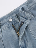kkboxly  Square Pocket Mid Waist Mid Rise A-line Shape Button Waist Design Zipper Button Closure Washed Blue Color Denim Skirts, Women's Denim Skirts, Women's Clothing