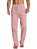 kkboxly  Men's Plain Drawstring Cotton Pants, Casual Loose Waistband Long Pants For Yoga Beach Pants, Mens Clothing