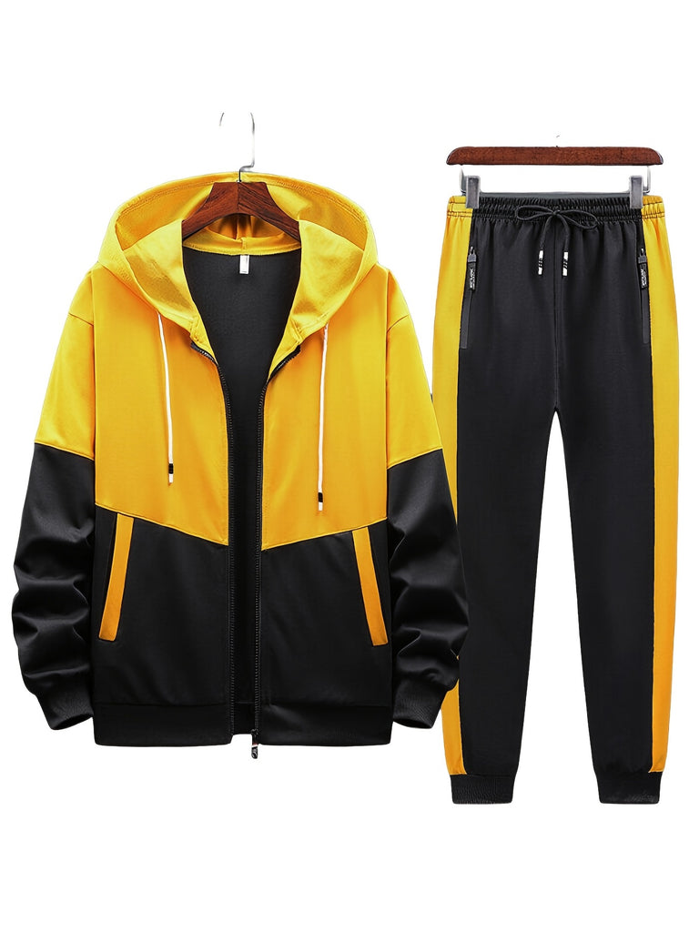 kkboxly  2pcs Men's Casual Zip-up Hooded Jacket And Color Block Jogger Pants With Zip Pockets