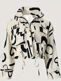 kkboxly  Brush Print Flap Pockets Jacket, Casual Drawstring Zipper Crop Jacket For Spring & Fall, Women's Clothing
