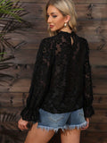 kkboxly  Solid Floral Blouse, Elegant Crew Neck Long Sleeve Ruffle Trim Blouse, Women's Clothing