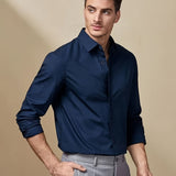 kkboxly  Slim Fit Shirt, Men's Semi Formal Lapel Button Up Long Sleeve Shirt For Spring Summer Business