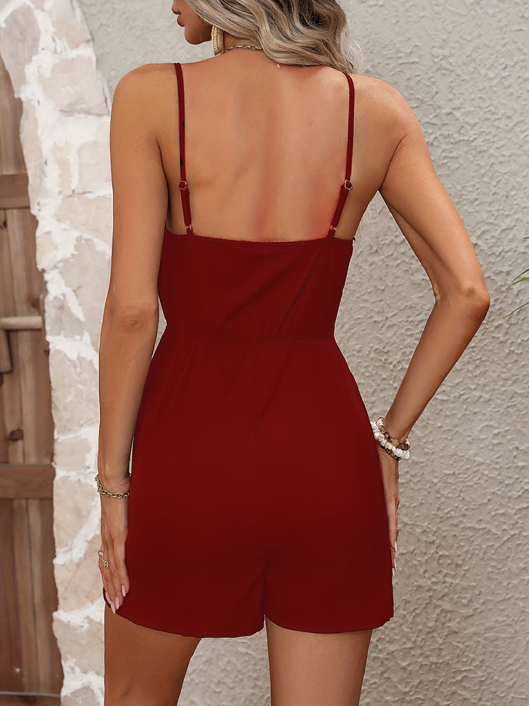 kkboxly  Solid V Neck Sleeveless Cami Jumpsuit, Casual High Waist Short Jumpsuit, Women's Clothing