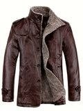 Men's Warm Fleece PU Jacket For Fall Winter, Casual Button Up Stand Collar Faux Leather Jacket