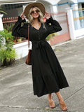 kkboxly  Ruched Ruffle Trim Dress, Casual V Neck Long Sleeve Dress, Women's Clothing
