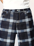 kkboxly  Vintage Style Plaid Denim Shorts, Men's Casual Street Style Denim Shorts For Summer
