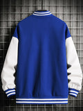 kkboxly Men's Stand Collar Casual Loose Sports Jacket Color Block "A" Letter Embroidery Button Pocket Coat Top Clothes