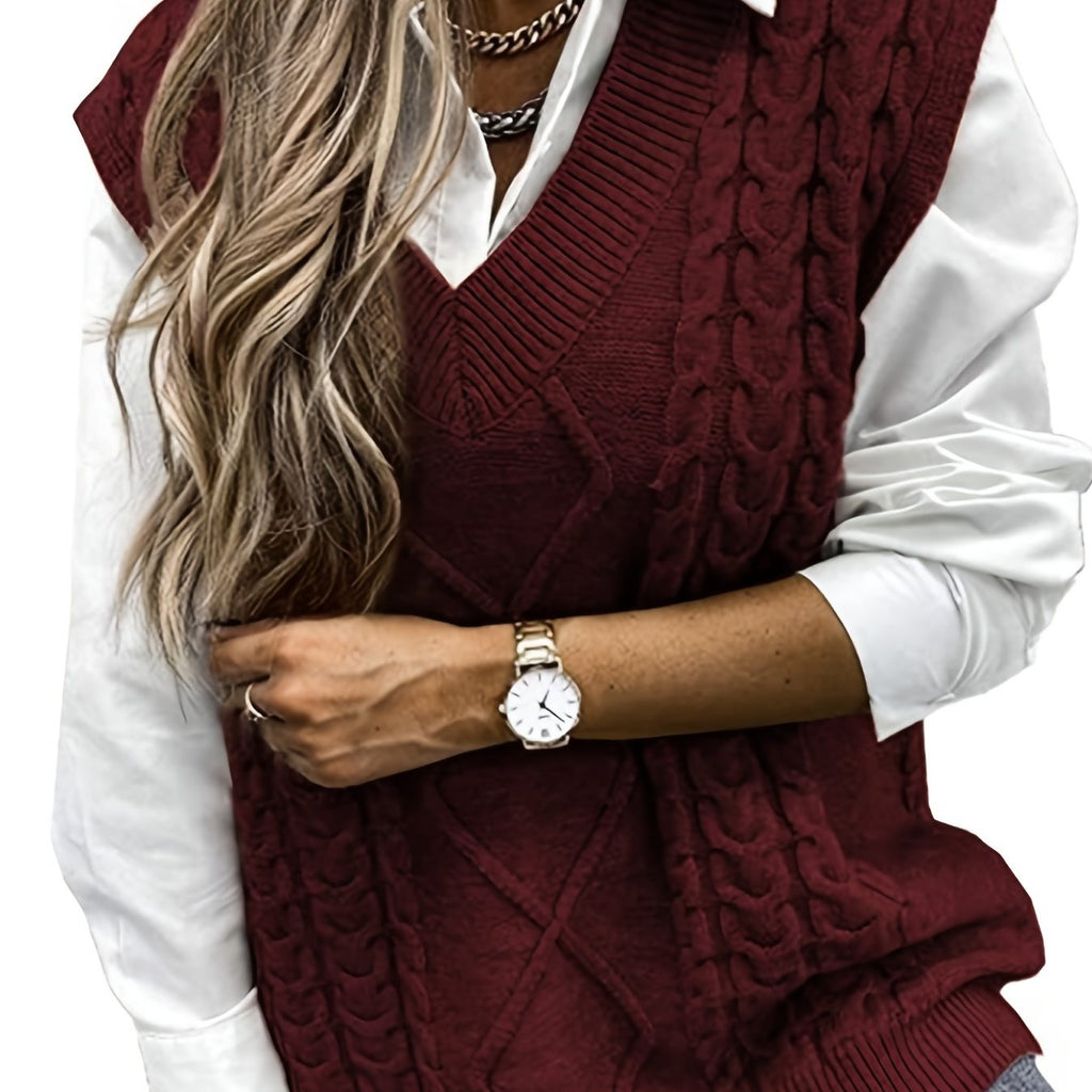 Cable V-Neck Sweater Vests, Casual Loose Sleeveless Fall Winter Knit Sweater Vest, Women's Clothing