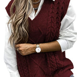 kkboxly  Cable V-Neck Sweater Vests, Casual Loose Sleeveless Fall Winter Knit Sweater Vest, Women's Clothing