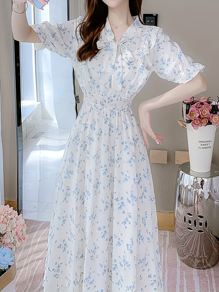 kkboxly  Floral Print Shirred Waist Dress, Elegant Short Sleeve Dress For Spring & Summer, Women's Clothing
