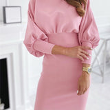 kkboxly  Women's Dress Elegant Solid Lantern Sleeve Bodycon Dress