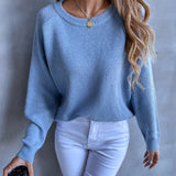 kkboxly  Women's Sweater Casual Solid Blue Crewneck Raglan Sleeve Loose Fall Winter Sweater